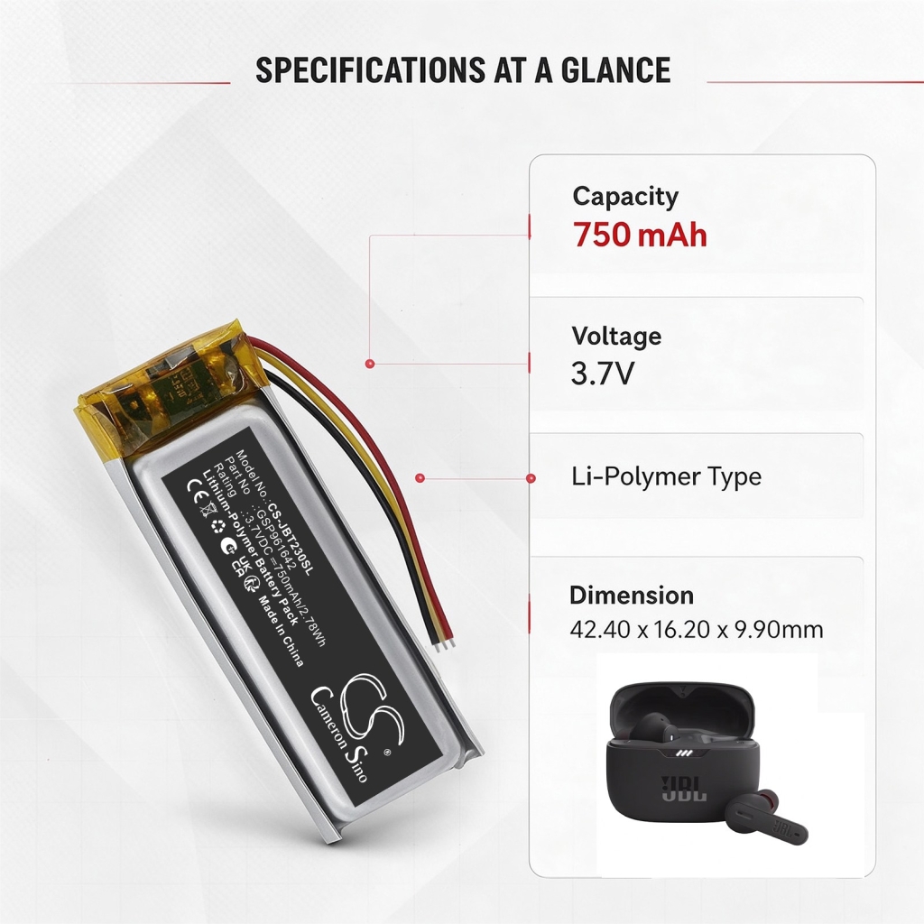 Akkumulátorok kompatibilis a következőkkel JBL Tune 230NC Charging Case Beam 230NC Charging Case Beam Earbuds charging Case CS-JBT230SL