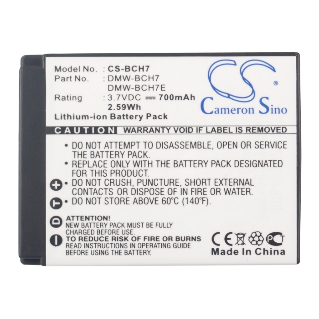 CS-BCH7 elülső címke DMW-BCH7, 3,7V 700mAh 2,59Wh, Cameron Sino adatokkal