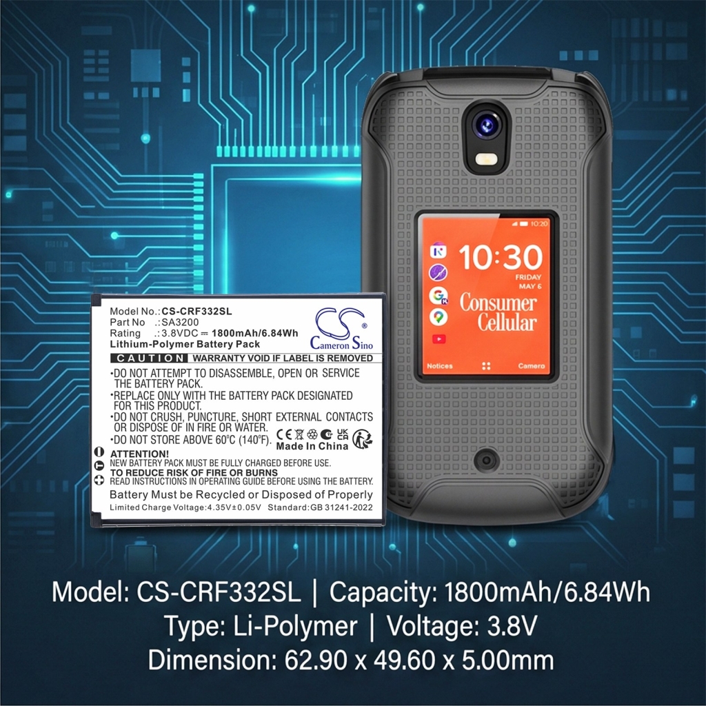 Akkumulátorok kompatibilis a következőkkel Consumer Cellular Iris Flip CS-CRF332SL