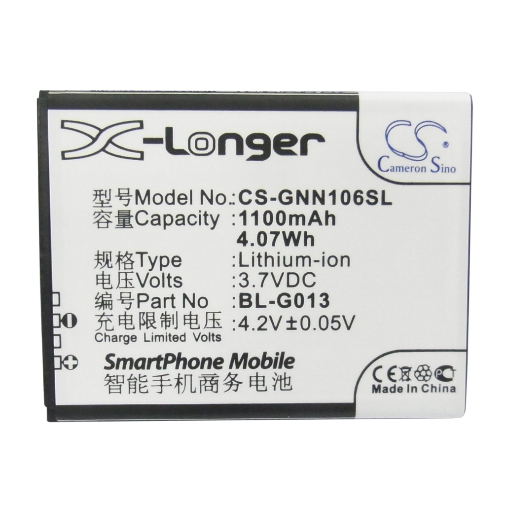 Cameron Sino X-Longer CS-GNN106SL lapos elülső címkenézet: 1100mAh 3,7V 4,07Wh Li-ion BL-G013, X-Longer címke