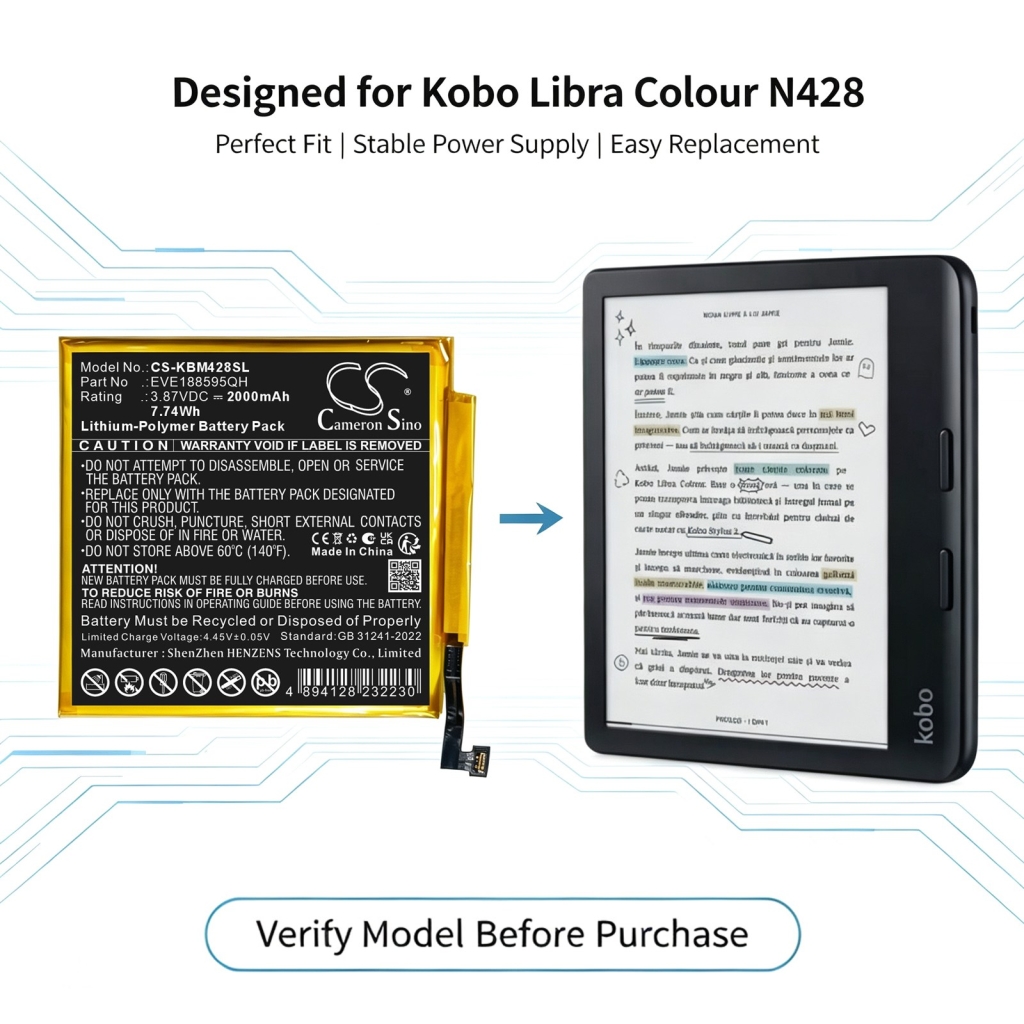 Akkumulátorok kompatibilis a következőkkel Kobo Libra Colour Colour 7-inch color e-reader CS-KBM428SL