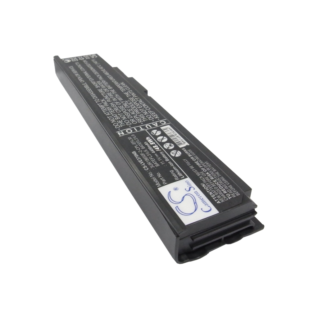 Angled view of caution text side of black CS-LVE370NB laptop battery