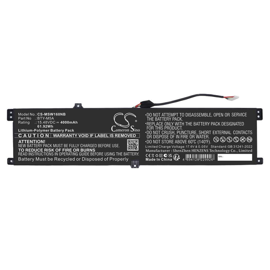Akkumulátorok kompatibilis a következőkkel MSI B14VFKG-056UK B14VFKG-056UK CS-MSW160NB